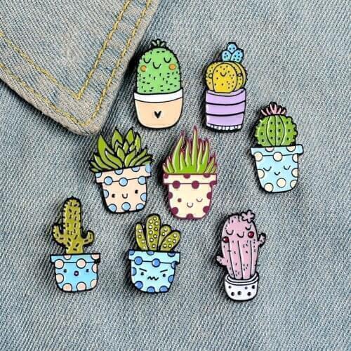 Cartoon Creative Plant Potted Sapling Flower Cactus Enamel Brooch Alloy Badge Denim Clothes Bag Pin Cute Sweet Smiley Jewelry