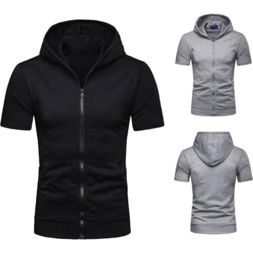 2021 Hot Mens Zip Up Hoodie Blouse Short Sleeve Hooded Zipper Sweatshirt Jacket Coat Tops