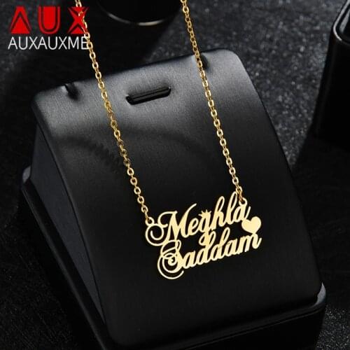 Auxauxme Custom Couple Name Heart Pendants Necklaces for Women Personalized Stainless Steel Wedding Party Jewelry Gifts