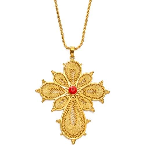 Anniyo Ethiopian Big Cross Pendant Necklaces for Women Gold Color Eritrea Jewelry Africa Ethnic Bigger Crosses #003016