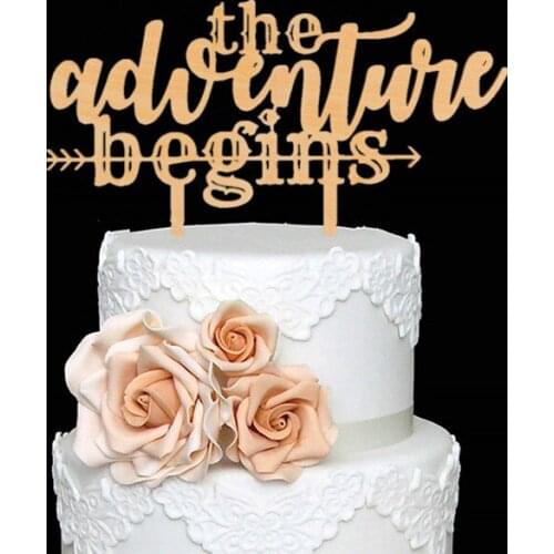 The Adventure Begins Wooden Wedding Cake Topper, IMPROVED Arrow Rustic Wood Decoration 8 Inch Width (Adventure Begins)