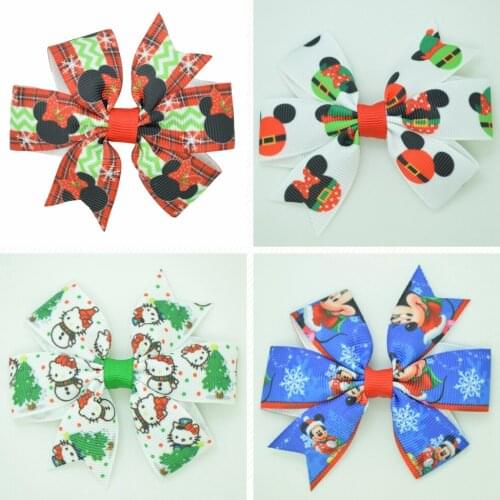 SUPWRF 3.1'' Christmas Mickey cute bow Girls Hair Bow With Clip Boutique Printed Ribbon headwear diy wholesale 20 PCS T0929