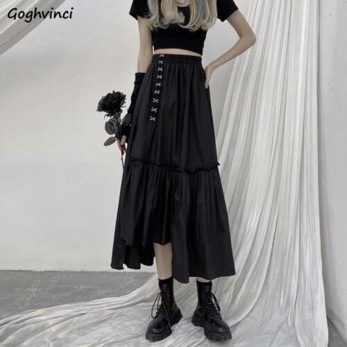 Skirts Women Elastic Waist Midi Skrit Solid Streetwear Korean Style Pleated Harajuku Leisure Fashion Chic Spliced Asymmetrical