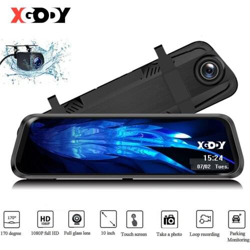 XGODY Car Dash cam 10 Inch Mirror Camera 1080P Video Recorder Stream Media Dashcam Dual Lens Park Mode + Hardwire