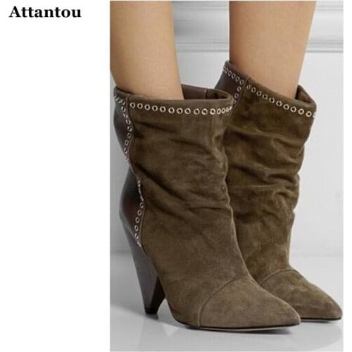 Woman fashionable lance embellished suede and leather ankle boots spike heels concise hole ring design women autumn winter boots
