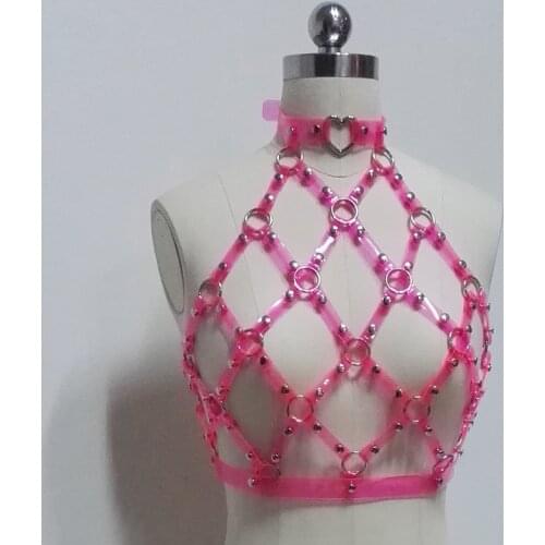 100% Handcrafted Women Girl Cute Harajuku Halter Caged Top Punk Harness Bondage Crop Top Bra Neon Pink PVC Belt Straps
