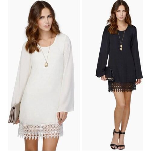 Womens Chiffon Dress Long Sleeve Lace Casual Black White Mini Dress Summer Clothes Loose Vestidos