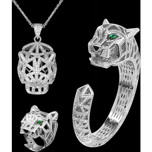 Zlxgirl Classic Hollow design full cubic zircon leopard bracelet and ring set fashion mens leopard pendant bangle ring sets