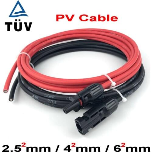 2 pcs/lot free shipping solar PV Cable extension wire Black+Red 2.5mm2 4mm2 6mm2 with Male and Female Connector solar cable