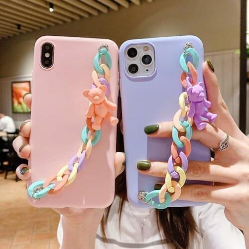 3D Bear Colorful Wrist Strap Chain Phone Case For Huawei P Smart 2021 2020 2019 Z PSmart 2021 PSmart2021 Y7A Bracelet Soft Cover