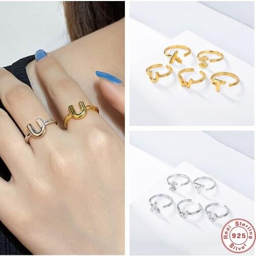 Aide 925 Sterling Silver Minimalist Adjustable Opening Rings Initials Name Alphabet Female Finger Rings Party Anillos Jewelry