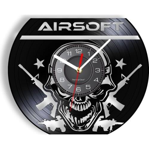 Airsoft Team Shooting Laser Cut Vinyl Longplay Wall Clock Skull Rifle Sign LED Timepiece Airsoft Player Gift Man Cave Wall Decor