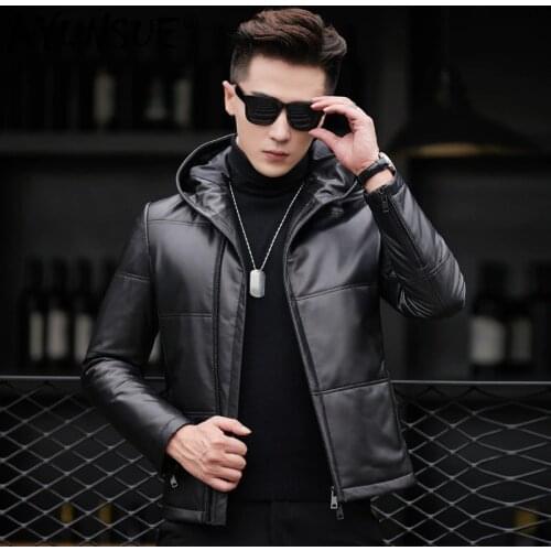 AYUNSUE Mens Leather Jacket Winter Genuine Leather Jacket Men Hooded Sheepskin Down Coat Chaqueta Cuero Hombre 81XYR0029 YY262