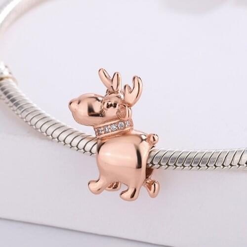 925 Sterling Silver Rose Gold Christmas Clear Reindeer Holiday Pendant Charm Snake Bracelet Jewelry Making For Original Pandora