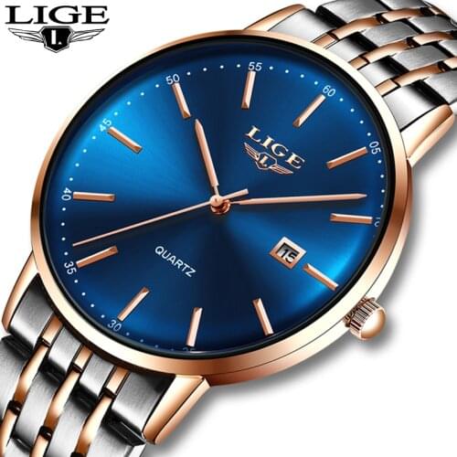 LIGE Men Watch Luxury Brand Stainless Steel Slim Waterproof Clock Fashion Analog Calendar Quartz Business Male Wristwatches 2020