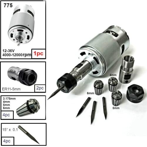 775 DC Motor 12-36V 4000-12000 RPM Ball Bearing Spindle Motor with ER11 Extension Rod Carving Knife for CNC 1610/ 2417/ 3018