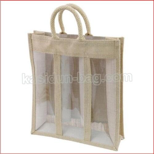 200pcs/lot) size W30xH35xD10cm three bottles jute wine bags with PVC window