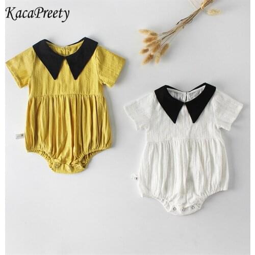 Black Turn-down collar infant romper boy/girls cotton linen short sleeve jumpsuit toddler baby overalls children pajamas