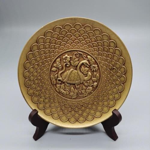 Brass copper carving Mythical Animals xuanwu placed in a lucky plate Storage Tray Retro Insulation Non-slip Coaster Desktop