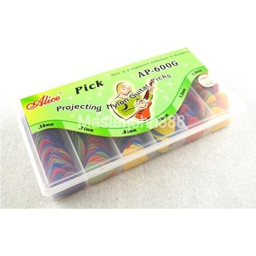 Lots of 600pcs Alice Colorful Projecting Nylon Electric/Acoustic Guitar Picks 6 Thickness Assorted Plastic Box Wholesales