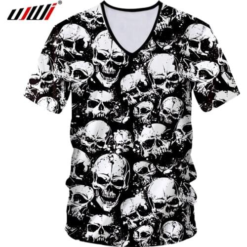 UJWI Summer Personalized Mens V-neck Tshirt 3D Printed Skull Pattern T-shirts Street HOT-blood T-shirt oversized t shirt 5XL