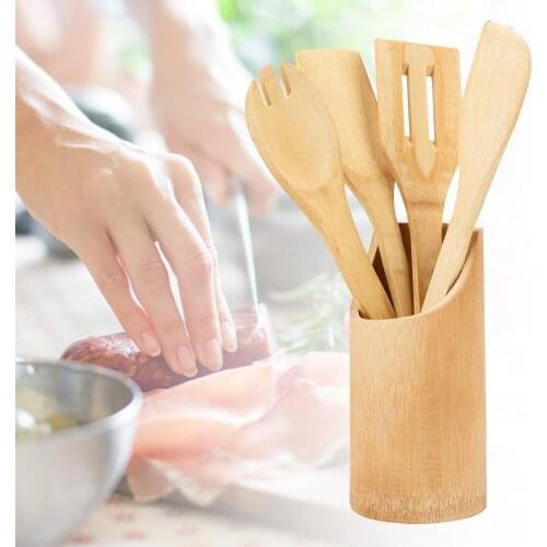 5Pcs Kitchen Utensil Set Wooden Home Meal Cooking Spatula with Storage Bucket for Non-Stick Pan Cookware Kitchen Baking Tool