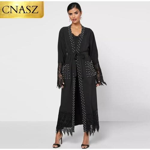 New Nida High Quality Ladies Pretty Lace Abaya Luxury White Pearls Diamond Open Abaya Dubai UAE Modest Black Abayas With Pockets
