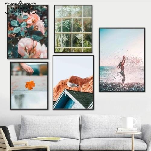 Peony Maple Leaf Palm Seagull Girl Sea Wall Art Canvas Painting Nordic Posters and Prints Wall Pictures for Living Room Decor