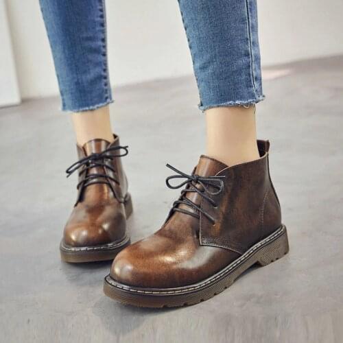 QPFJQD Soft Cow Split Leather Ankle Boots British Style Women Oxfords Thick Heel Short Boots Round Toe Handmade Ladies Shoes