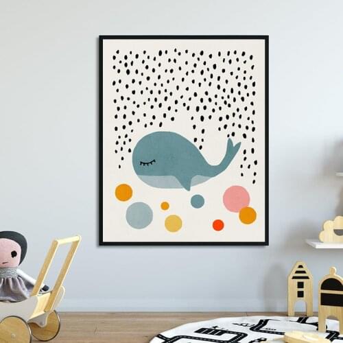 Whale Cartoon Print Mid Century Modern Kids Room Wall Art Picture Canvas Painting Nordic Poster Children Nursery Interior Decor