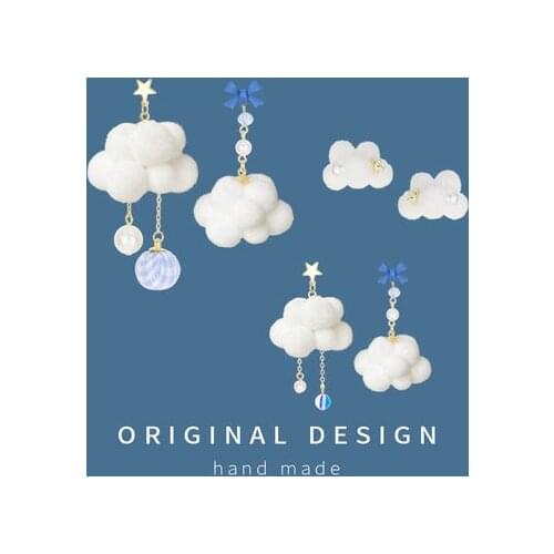 Korean Style Blue Bow White Cloud Clip Earrings No Hole Sweet Cotton Clould Pom Pom Ball Clip Earrings Without Piercing Women