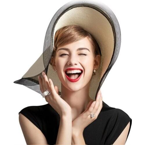 Elegant Sun Hat Summer Anti-UV Lady 17CM Wide Brim Sun Hat Solid Plain Floppy Summer Straw Hats for Women Ladies Mesh Brim Beach