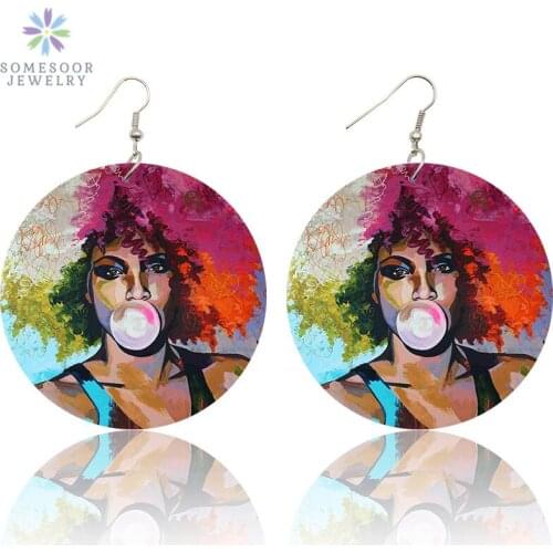 SOMESOOR Printed AFRO Chewing Gum Girl Wood Dangle Earrings African Curly Natural Hair Handmade Photos Portrait Ear Jewelry Gift