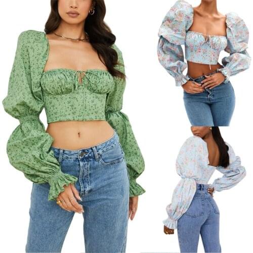 Hirigin OL Sexy Shirts Women Floral Print Long Puff Sleeve Low-cut Square Neck Pullovers Fall Spring Basic Blouses Crop Tops