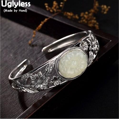 Uglyless 100% Real 925 Sterling Silver Flower Hollow Bangles for Women Wide Open Bangle Jade Floral Bracelet Thai Silver Jewelry