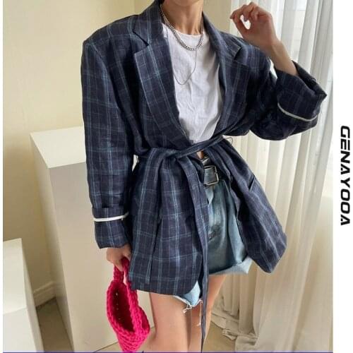 Genayooa Thin Plaid Belted Blazer Women 2021 Autumn Korean Style Office Lady Coat Long Sleeve Vintage Loose Suit Jackets Chic