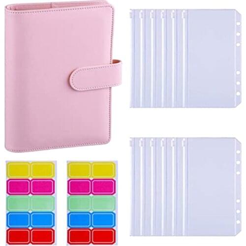 A6 PU Leather Notebook Binder and 12 Transparent Cash Money Envelopes System Budget Planning Program Organizer 20 Labels