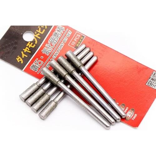 5pcs 1-10mm Cylinder Diamond Grinding Head Bit Cylindrical Points 3.0mm Shank Coated Jade Carving Burrs Lapidary Tools for Stone
