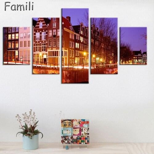 Home Decor UnFramed Modern HD Printed Canvas Painting 5 Pieces Wall Art Pictures Netherlands City Streetscape Poster PENGDA/post