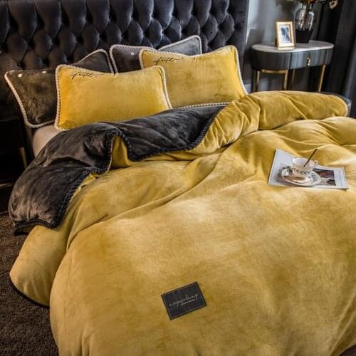 Home Textiles Dark Gray Yellow Winter Flannel Quilt Cover Pillow Case Winter Bedding Sets Soft Warm Duvet Cover Flannel Sheet