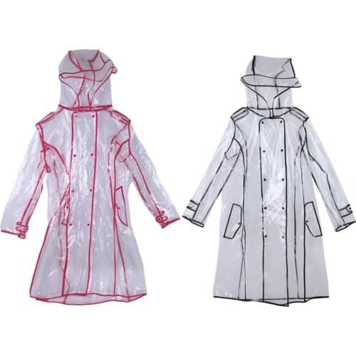 Women Transparent EVA Vinyl Waterproof Raincoats With Belt Clear Runway Long Hooded Windbreaker Knee-length Outdoors Rainwear