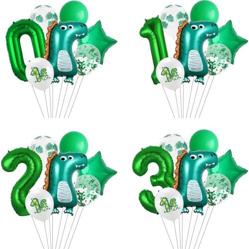7pcs Dinosaur Theme Foil Balloons Birthday Party Decorations Kids Girl Boy Green Number Balloons Baby Shower Party Supplies