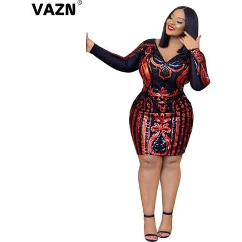 VAZN 2020 Hot High-end Heavy Industry Sequined Sexy Flaring Plus Size Office Daily Full Sleeve Women High Waist Thin Midi Dress