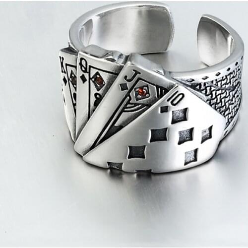 Playing Card Chunky Cubic Zirconia Engraved Adjustable 925 Sterling Silver Ring For Men Vintage Wholesale Jewelry