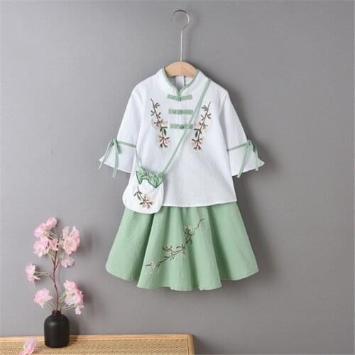 Girls' Tang suits summer new costumes hanfu cotton and linen short-sleeved childrens suits ethnic style class clothes