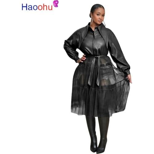 HAOOHU PU Leather Mesh Splicing Trench Coat for Women Long Sleeve Outwear Elegant Oversized Loose Coats and Jackets