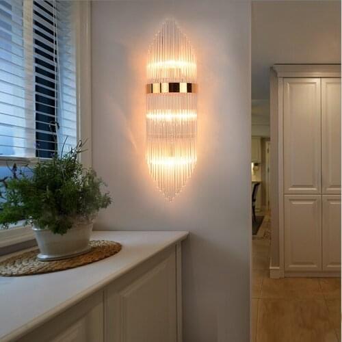 Nordic Postmodern Crystal Glass Rod Wall Lamp Hotel Bedroom Luxury Golden Wall Lights Living Room Background Creative Wall Light