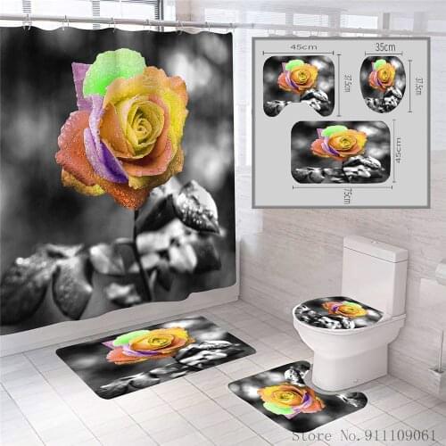 New Style Color Rose Series 3D Print Waterproof Shower Curtain Bathroom Rugs Set for Home Bathroom and Shower Room Decoration
