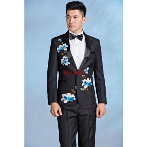 2020 new arrival slim black handmade decals blazers men suit set with pants mens suits wedding groom formal dress suit + pant