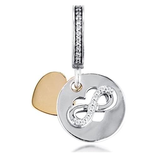 Fits For Pandora Bracelets Heart of Infinity Charms with 14K Real Gold 100% 925 Sterling-Silver-Jewelry Beads Free Shipping